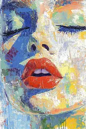 Midjourney generated image using SREF code Chroma Murmurs: A painting of a woman's face with red lips.