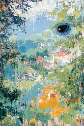 Midjourney generated image using SREF code Chroma Murmurs: A painting of a woman's face with trees in the background.