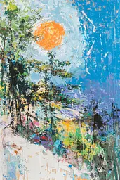 Midjourney generated image using SREF code Chroma Murmurs: A painting of a painting of trees and a sun in the sky.