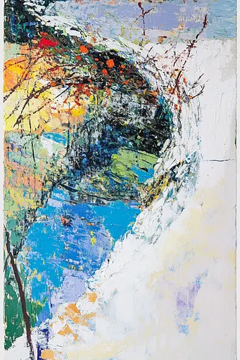 Midjourney generated image using SREF code Chroma Murmurs: A painting of a bridge over a river in the snow.