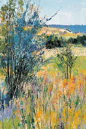 Midjourney generated image using SREF code Chroma Murmurs: A painting of a field of flowers and trees.