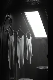 Midjourney generated image using SREF code Ethereal Obscura: Three white shirts hanging on a clothes line in a dark room.