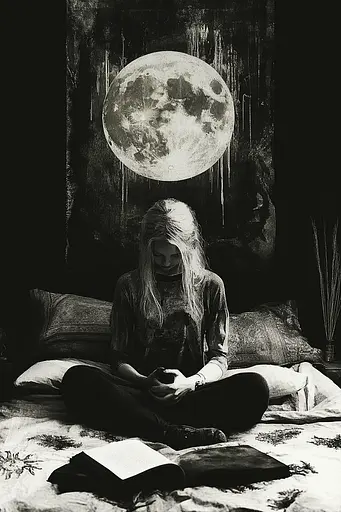 Midjourney generated image using SREF code Monochrome Alchemy: A woman sitting on a bed reading a book under a full moon.