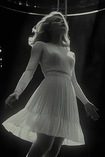 Midjourney generated image using SREF code Ethereal Obscura: A woman in a white dress is hanging from a rope.