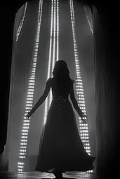 Midjourney generated image using SREF code Ethereal Obscura: A woman in a long dress standing in front of a curtain.