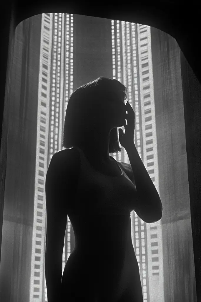 Midjourney generated image using SREF code Ethereal Obscura: A black and white photo of a woman standing in front of a window.