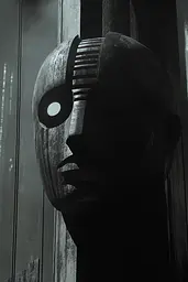 Midjourney generated image using SREF code Ethereal Obscura: A black and white photo of a mask in front of a window.