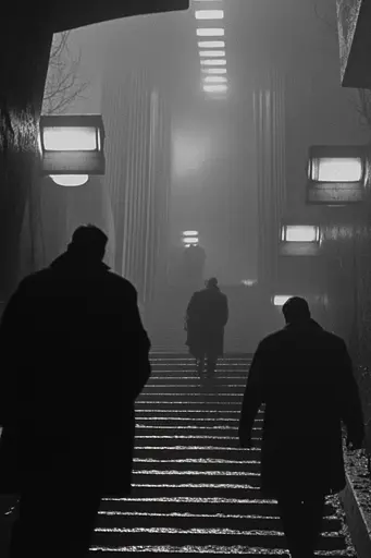 Midjourney generated image using SREF code Ethereal Obscura: A group of people walking down a set of stairs in the fog.