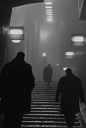 Midjourney generated image using SREF code Ethereal Obscura: A group of people walking down a set of stairs in the fog.