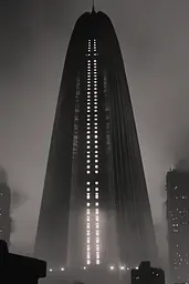 Midjourney generated image using SREF code Ethereal Obscura: A black and white photo of a tall building in the fog.