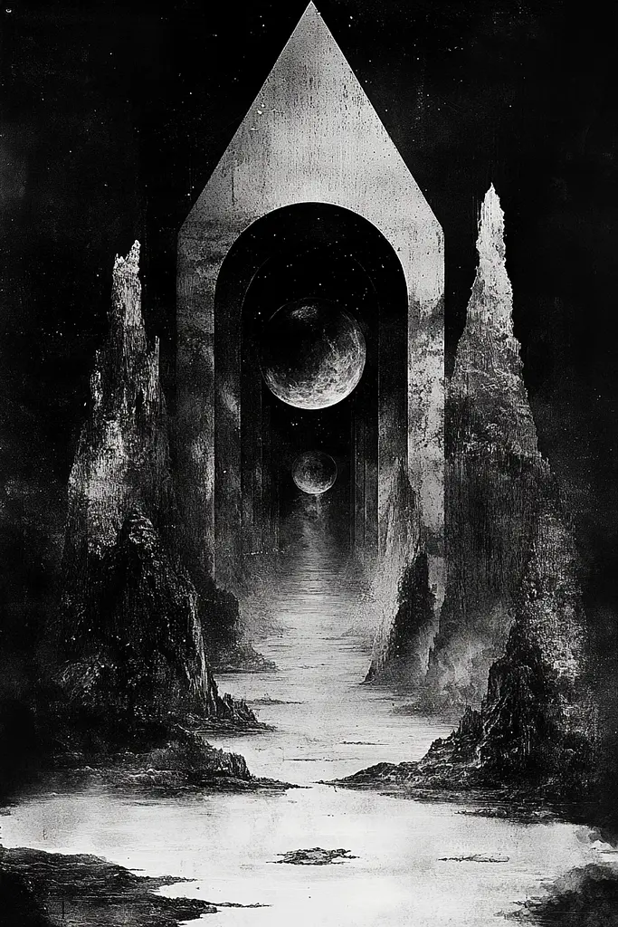 Midjourney generated image using SREF code Monochrome Alchemy: A black and white illustration of a tunnel with a moon in the sky.