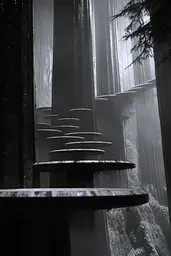 Midjourney generated image using SREF code Ethereal Obscura: A black and white photo of a stairway in a forest.