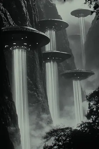 Midjourney generated image using SREF code Ethereal Obscura: A black and white photo of a group of ufos flying over a waterfall.