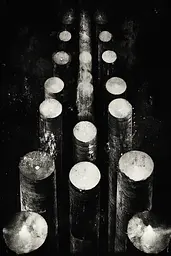 Midjourney generated image using SREF code Monochrome Alchemy: A black and white photo of a bunch of candles.