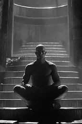 Midjourney generated image using SREF code Ethereal Obscura: A man sitting in a lotus position on a set of stairs.