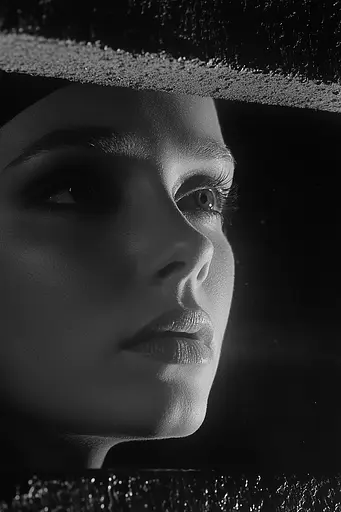 Midjourney generated image using SREF code Ethereal Obscura: A black and white photo of a woman wearing a hat.