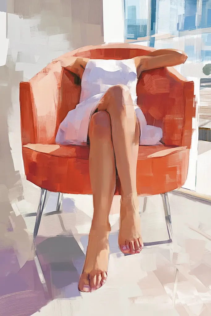 Midjourney generated image using SREF code Sunlit Smudge: A painting of a woman sitting in a red chair.