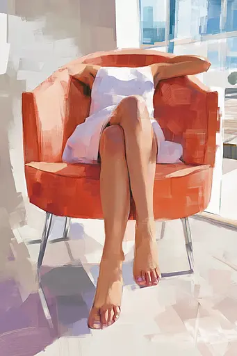 Midjourney generated image using SREF code Sunlit Smudge: A painting of a woman sitting in a red chair.