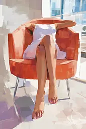 Midjourney generated image using SREF code Sunlit Smudge: A painting of a woman sitting in a red chair.