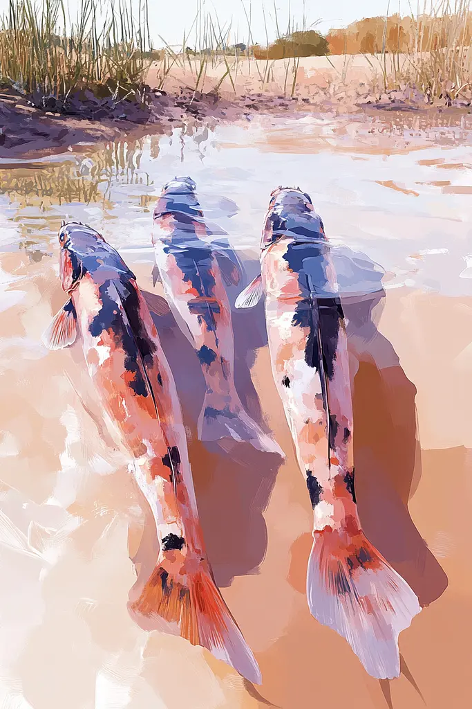 Midjourney generated image using SREF code Sunlit Smudge: A painting of three koi fish swimming in the water.