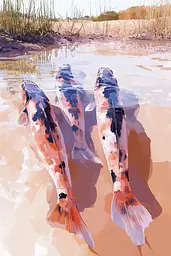Midjourney generated image using SREF code Sunlit Smudge: A painting of three koi fish swimming in the water.