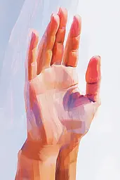 Midjourney generated image using SREF code Sunlit Smudge: A painting of a person's hand reaching up to the sky.