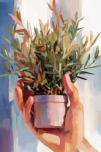 Midjourney generated image using SREF code Sunlit Smudge: A painting of a person holding a potted plant.