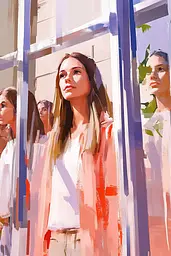 Midjourney generated image using SREF code Sunlit Smudge: A painting of a woman standing in front of a window.