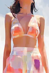 Midjourney generated image using SREF code Sunlit Smudge: A painting of a woman in a bikini top and skirt.