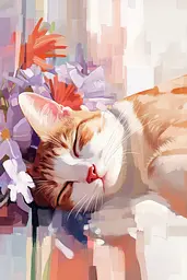 Midjourney generated image using SREF code Sunlit Smudge: A painting of a cat sleeping next to a vase of flowers.