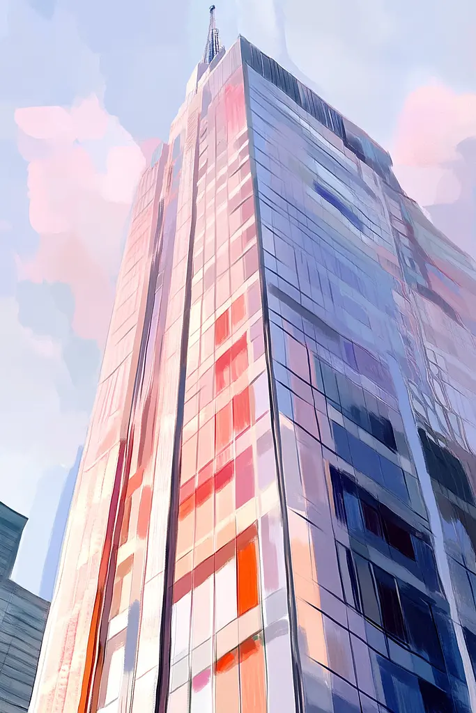 Midjourney generated image using SREF code Sunlit Smudge: A painting of a tall building with a sky background.