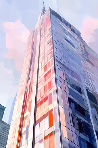 Midjourney generated image using SREF code Sunlit Smudge: A painting of a tall building with a sky background.