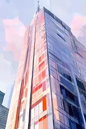 Midjourney generated image using SREF code Sunlit Smudge: A painting of a tall building with a sky background.