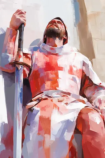 Midjourney generated image using SREF code Sunlit Smudge: A painting of a man in armor holding a sword.