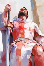Midjourney generated image using SREF code Sunlit Smudge: A painting of a man in armor holding a sword.