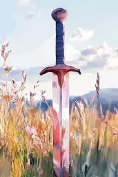 Midjourney generated image using SREF code Sunlit Smudge: A sword in the middle of a field of tall grass.