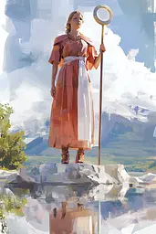 Midjourney generated image using SREF code Sunlit Smudge: A woman standing on top of a rock holding a staff.