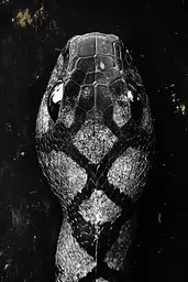 Midjourney generated image using SREF code Monochrome Alchemy: A black and white photo of a snake's head.