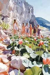 Midjourney generated image using SREF code Sunlit Smudge: A group of people walking through a field of flowers.