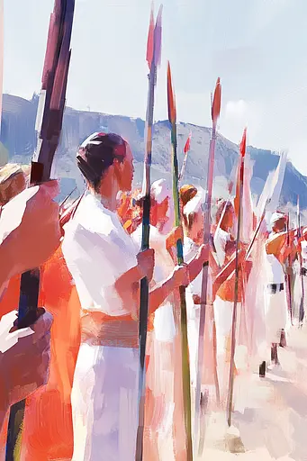 Midjourney generated image using SREF code Sunlit Smudge: A group of people holding spears in a line.