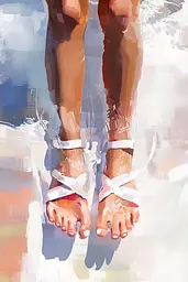 Midjourney generated image using SREF code Sunlit Smudge: A painting of a pair of barefoot sandals on a beach.