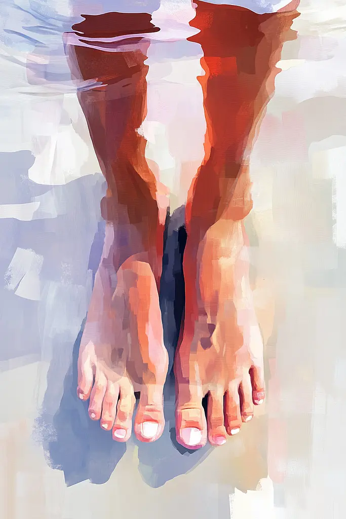 Midjourney generated image using SREF code Sunlit Smudge: A painting of a person's feet in the water.