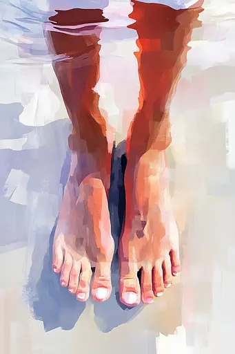 Midjourney generated image using SREF code Sunlit Smudge: A painting of a person's feet in the water.
