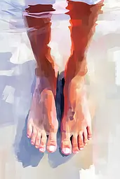 Midjourney generated image using SREF code Sunlit Smudge: A painting of a person's feet in the water.