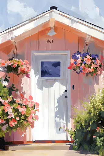 Midjourney generated image using SREF code Sunlit Smudge: A painting of a pink house with flowers hanging from the front door.