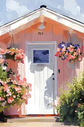 Midjourney generated image using SREF code Sunlit Smudge: A painting of a pink house with flowers hanging from the front door.