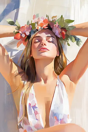Midjourney generated image using SREF code Sunlit Smudge: A painting of a woman with a flower crown on her head.