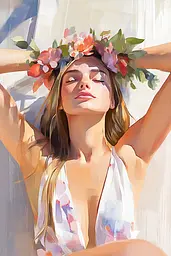 Midjourney generated image using SREF code Sunlit Smudge: A painting of a woman with a flower crown on her head.