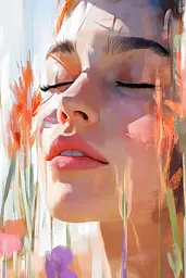 Midjourney generated image using SREF code Sunlit Smudge: A painting of a woman's face with her eyes closed.