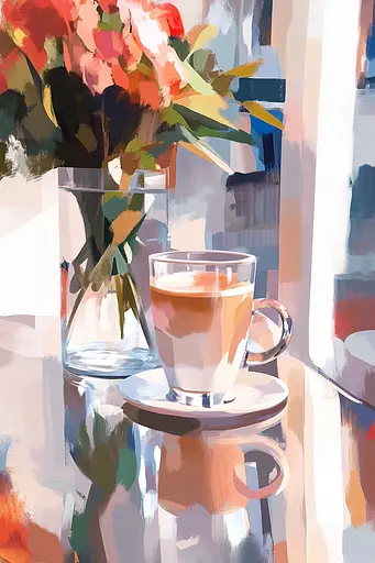 Midjourney generated image using SREF code Sunlit Smudge: A painting of a cup of coffee and a vase of flowers on a table.